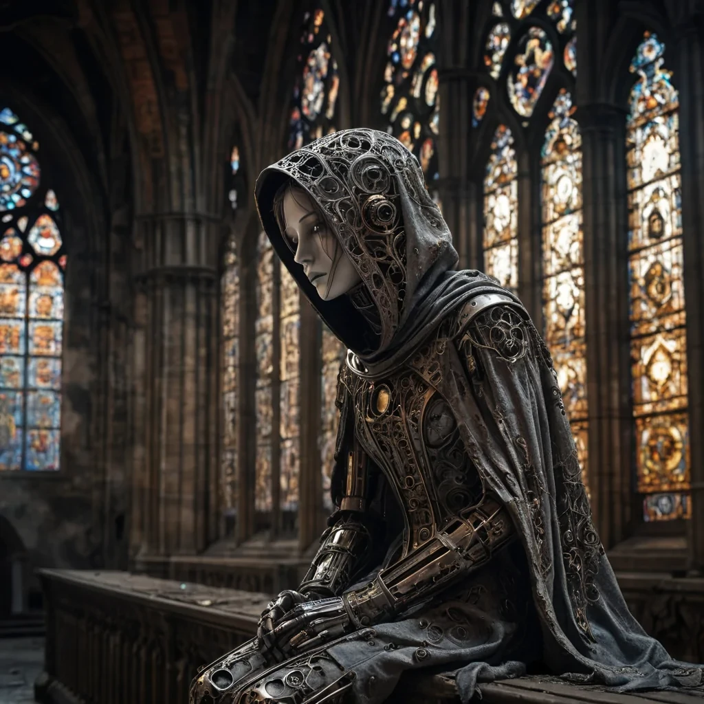 Photorealistic, Ultra HD portrait of a melancholic, sentient automaton, its metallic body adorned with intricate, tarnished filigree, sitting alone in a vast, abandoned cathedral, surrounded by towering, gothic arches and faded, stainedglass windows, with cinematic lighting casting dramatic shadows and emphasizing the intricate, steampunkinspired design, and a subtle, cool bokeh effect creating a sense of isolation and melancholy, as a lone, spectral comet streaks across the night sky, its glowing tail leaving a trail of stardust in its wake, while a spectral, ethereal figure, cloaked in a tattered, hooded robe, stands silently at the edge of
