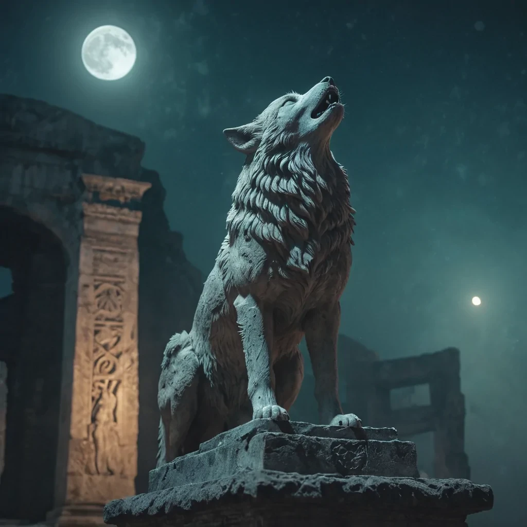 A lone wolf howls at the moon, its fur glowing with bioluminescent patterns, standing atop a crumbling, ancient stone statue in a misty, abandoned amphitheater, hyperrealistic, 4K, cinematic lighting, volumetric lighting, atmospheric effects, bokeh effect, lens flare, pastel tones, detailed textures.