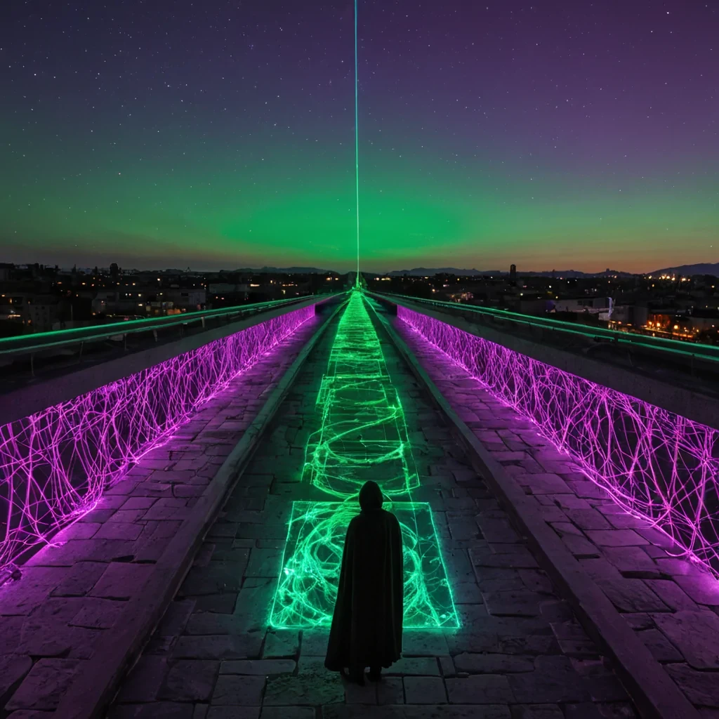 A horizontal, wideangle shot of a sprawling, geometric cityscape constructed entirely from massive, floating blocks of raw, unpolished granite, each block connected by slender, glowing cables of pure, liquid mercury that arc through a dense, pinkhued twilight sky. The surface of the granite blocks is etched with intricate, mazelike channels filled with bioluminescent algae in shades of electric green and deep violet, creating a pulsing network of light across the stone. In the foreground, a solitary figure wearing a minimalist, highcollared cloak made of woven, iridescent fiberoptic threads stands on a narrow bridge of suspended glass, looking out towards a colossal, spinning ring structure that orbits the central plaza. The air is thick