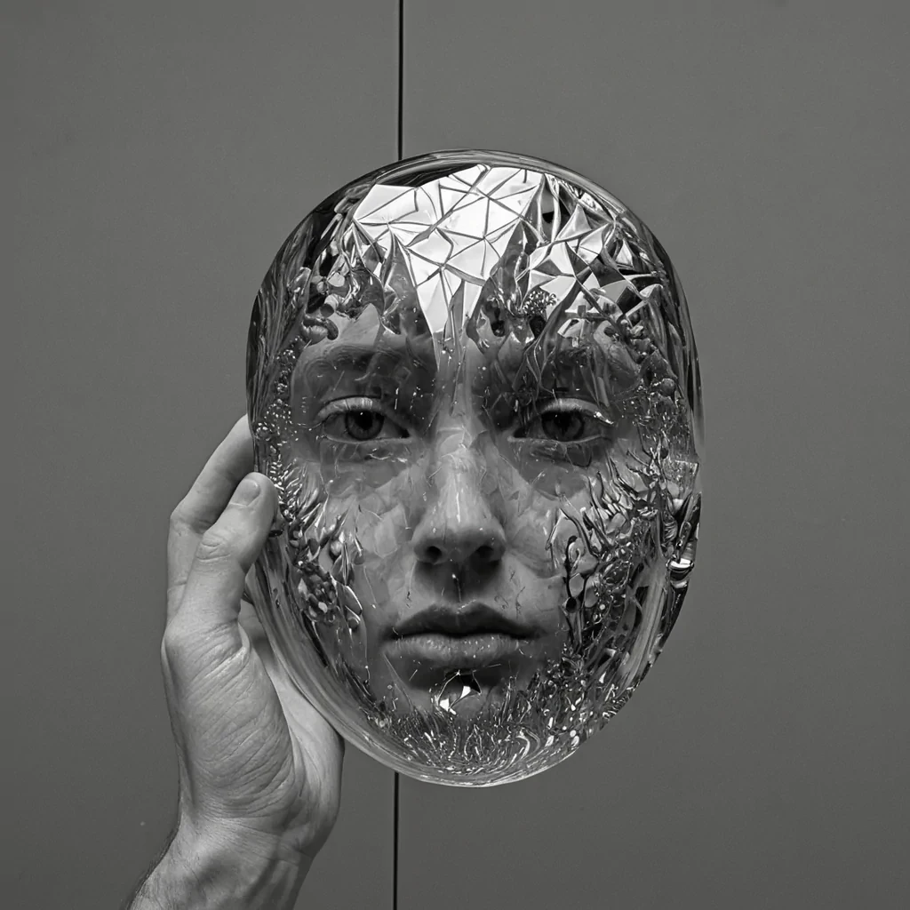 A single, selfreflecting mirror of reversed identity, shaped like a 19,847dimensional fractal of unformed selfhood and inverted recognition, floats at the center of a vast, inverted plaza of solidified anonymity. Each facet is carved from the exact moment between a face turning toward the glass and its refusal to reflect, a name being whispered and dissolving into nonresonance, a hand touching the surface and collapsing into pure, unmeasured nonecho. The mirror does not reveal the selfit unreveals it, each shattering plane shedding a layer of existential potential that never coalesced into gaze, recognition, or presence, reforming into ephemeral, opalveined mist that