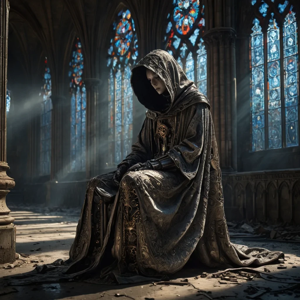 Photorealistic, Ultra HD portrait of a melancholic, sentient automaton, its metallic body adorned with intricate, tarnished filigree, sitting alone in a vast, abandoned cathedral, surrounded by towering, gothic arches and faded, stainedglass windows, with cinematic lighting casting dramatic shadows and emphasizing the intricate, steampunkinspired design, and a subtle, cool bokeh effect creating a sense of isolation and melancholy, as a lone, spectral comet streaks across the night sky, its glowing tail leaving a trail of stardust in its wake, while a spectral, ethereal figure, cloaked in a tattered, hooded robe, stands silently at the edge of