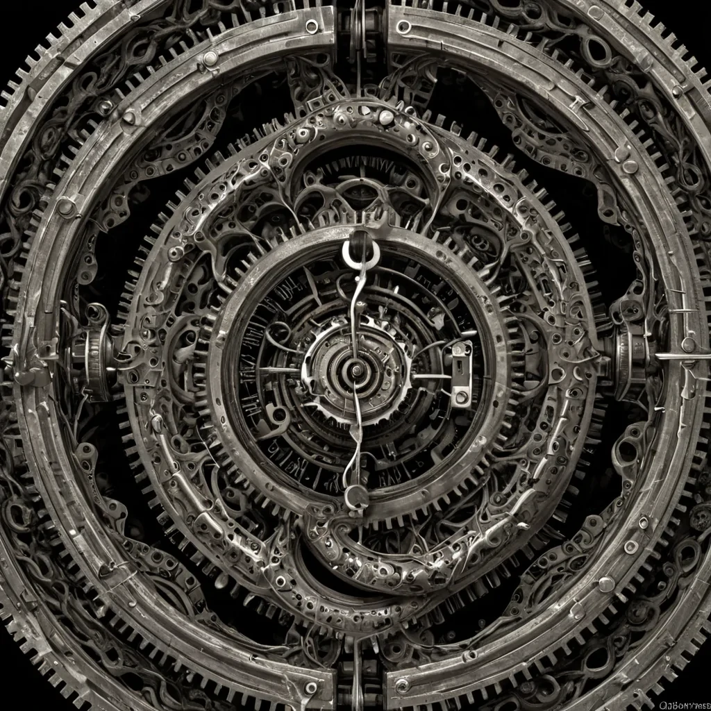 A single, selfilluminating fractal of reversed time, shaped like a 17,342dimensional knot of unformed chronology and inverted causality, pulses at the center of a vast, inverted clockwork of solidified stasis  each gear forged from the exact moment between a hand turning a key and its refusal to unlock, a second ticking into existence and dissolving into nonsequential void, a heartbeat syncing with the cosmos and collapsing into pure, unmeasured nonprogress. The knot does not measure time  it unmeasures it, each spiraling strand shedding a layer of temporal potential that never coalesced into linear motion, reforming into ephemeral, cobaltveined static that drifts like
