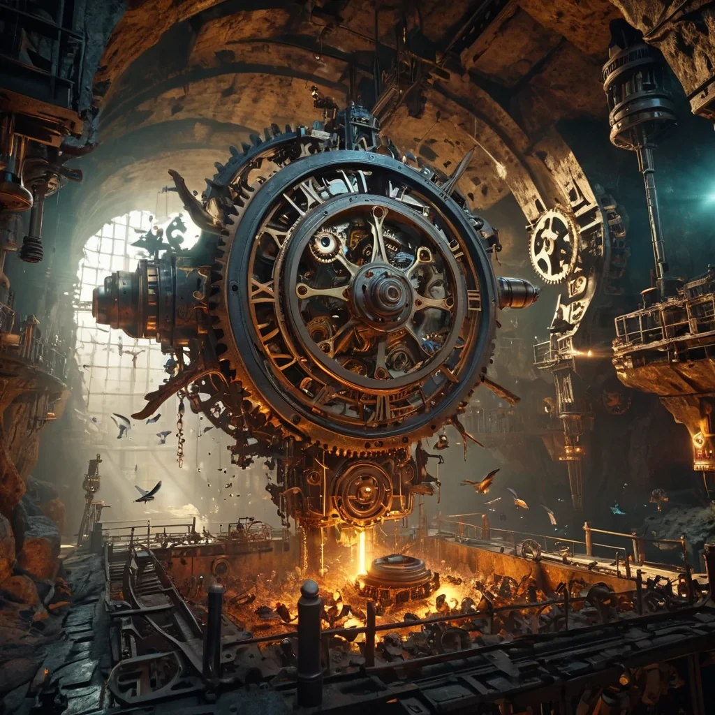 A colossal, ancient clockwork mechanism hums to life in a vast, industrial cavern, its gears and pistons glowing with an inner fire, as tiny, mechanical birds take flight from its brass surfaces, hyperrealistic, 4K, cinematic lighting, volumetric lighting, atmospheric effects, dynamic lighting, lens flare, vibrant colors, detailed textures.