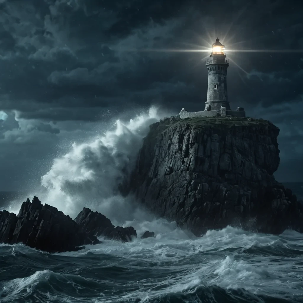 A lone, ancient lighthouse standing atop a towering, weathered rock formation, its beam cutting through a swirling, stormy sea under a moonless night, hyperrealistic, 4K, cinematic lighting, volumetric lighting, atmospheric effects, dynamic lighting, bokeh effect, soft focus, lens flare, deep blacks, stormy blues, and eerie silvers, detailed textures.