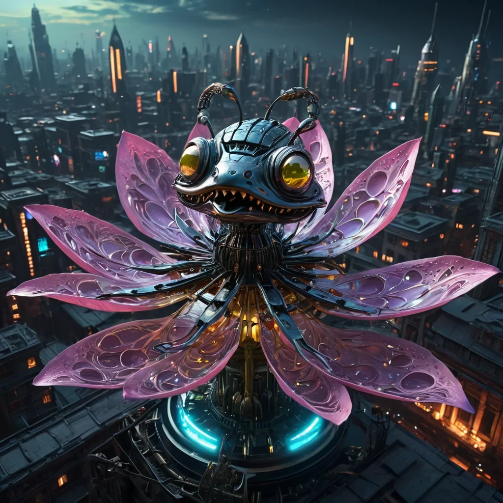 A colossal, ancient, mechanical lotus, its metallic petals unfurling to reveal a labyrinthine, neonlit city within, blooms from the heart of a vast, undulating, obsidian plain. Suspended within the lotus stamen, a holographic, sentient, mechanical swarm of dragonflies dances, casting ephemeral shadows on the citys inhabitants sentient, robotic, reptilian creatures. Rendered in ultra HD, with volumetric lighting, atmospheric effects, and vibrant colors, evoking a sense of surreal, otherworldly wonder.