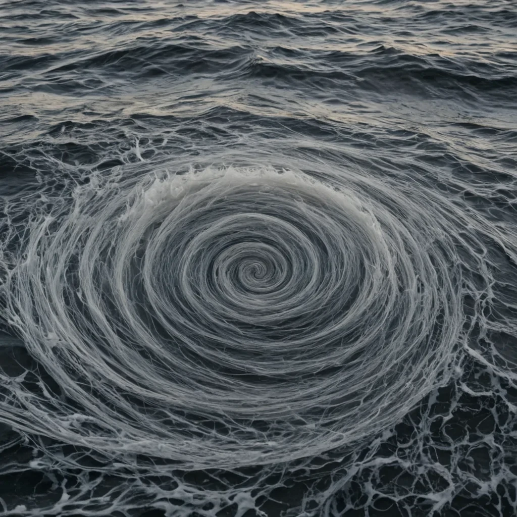 A single, selfilluminating filament of reversed silence, shaped like a 193dimensional helix of unformed stillness and inverted quiet, pulses at the center of a vast, inverted ocean of solidified soundeach wave carved from the exact moment between a whisper forming and its refusal to be heard, a sigh escaping and dissolving into nonacoustic dust, a heartbeat syncing and collapsing into pure, unmeasured void. The filament does not quietit unquiets, each trembling strand shedding a layer of auditory potential that never coalesced into a shared hush, reforming into ephemeral, silverthreaded afterimages shaped like the negative space between two ears that never leaned in to listen. The ocean is not