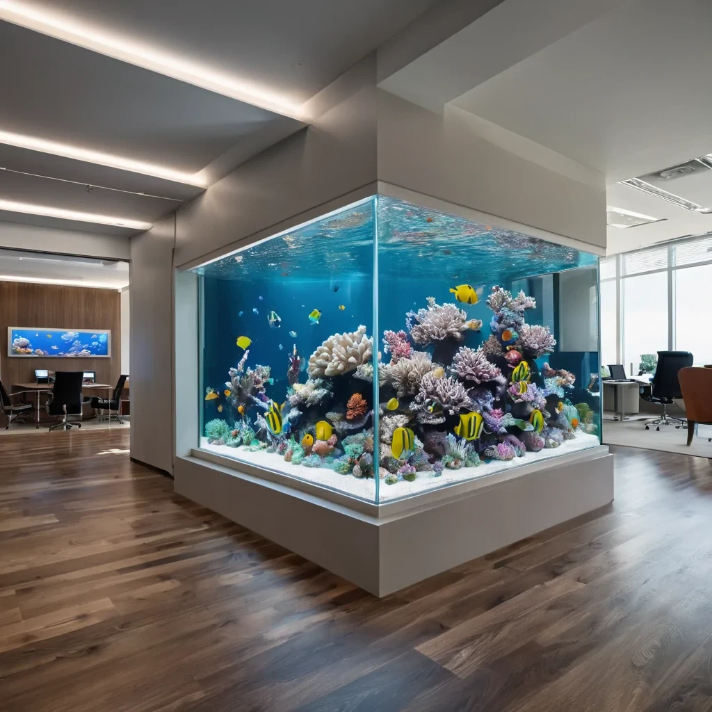 close up of a hyperrealistic image of a luxurious marine aquarium in a modern office setting. The aquarium spans an entire wall, filled with crystalclear water showcasing vibrant coral reefs, swaying anemones, and a variety of marine life, including colorful clownfish, angelfish, and a few small reef sharks. The office has sleek, minimalist furniture with glass and steel accents, and the soft glow from the aquarium illuminates the space, creating a calming ambiance. Sunlight streams through large floortoceiling windows, casting subtle reflections of the aquarium onto the polished hardwood floor. The intricate details of the marine life, from the texture of the coral to the movement of fish scales, are vividly depicted