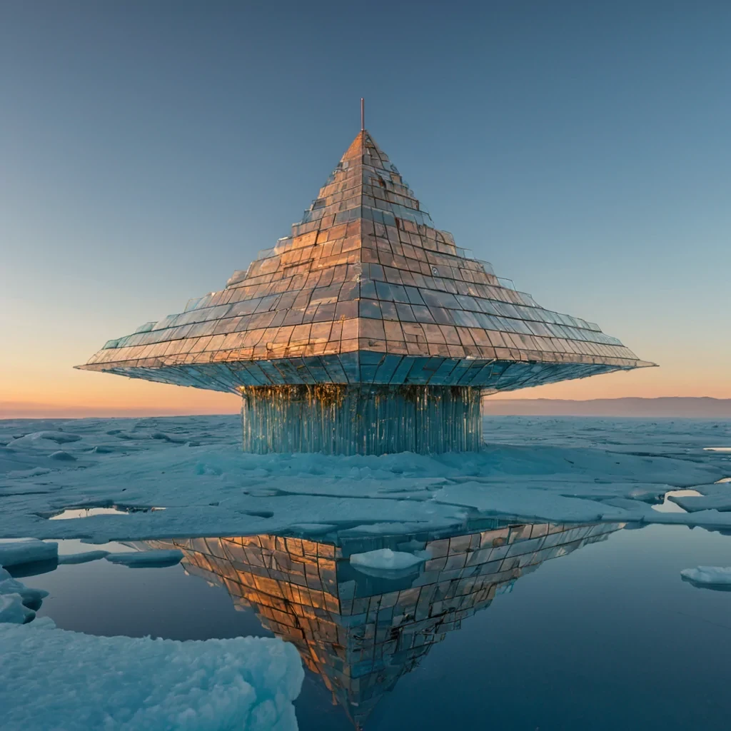 A horizontal, eyelevel wide shot of a colossal, inverted ziggurat constructed entirely from translucent, layered sheets of iceblue glass, floating in a vast, cloudless sky of deep, saturated cerulean. The structures apex points downward, terminating in a sharp, crystalline spire that hovers just inches above the surface of a calm, mirrorstill lake reflecting the sky perfectly, creating a seamless visual loop. Around the base of the inverted tower, three massive, spherical habitats made of woven gold wire and frosted mica orbit slowly on invisible magnetic tracks, each emitting a soft, rhythmic pulse of warm, amber light. In the foreground, a skywarden with skin resembling smooth, pale alabaster and wearing a