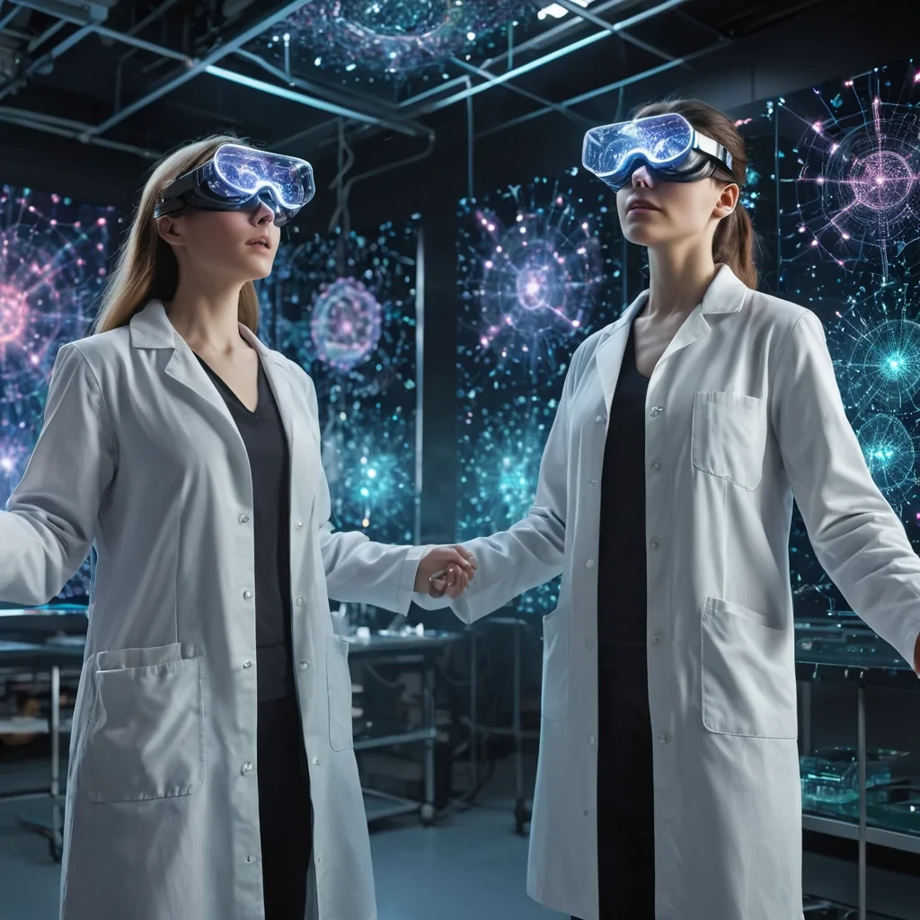 Quantum Quiescence A hyperrealistic, Ultra HD, serene quantum physicist, their lab coat adorned with intricate, detailed textures, floats in a cinematic, weightless state within their colossal, iridescent, crystalline laboratory. Volumetric lighting accentuates the labs geometric patterns, while atmospheric effects create a mesmerizing, otherworldly dance of quantum particles. The physicists reflective, holographic goggles capture the labs dynamic, neonlit lighting, revealing a mesmerizing, ultraHD display of quantum entanglement as they reach out towards a pulsating, ethereal, pastelhued quantum superposition.