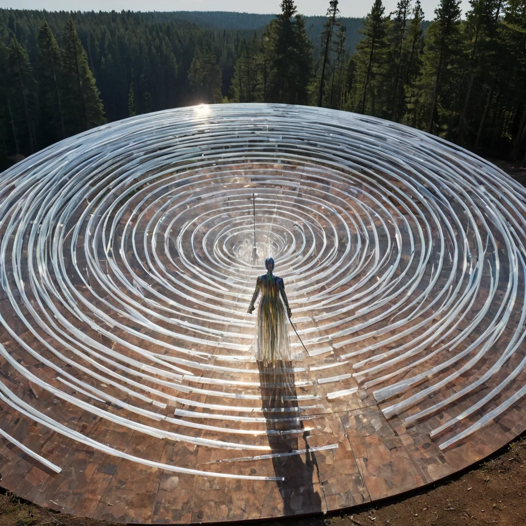 A photorealistic, highangle wide shot of a vast, openair amphitheater constructed entirely from seamless, polished sheets of brushed titanium, set within a dense forest of towering, crystalline silica structures that refract sunlight into sharp, prismatic beams. The floor of the amphitheater is a complex mosaic of iridescent oil slicks shifting in color as a gentle breeze moves across the surface, creating a dynamic, liquid rainbow effect. In the center, a solitary figure dressed in a structured, avantgarde suit made of translucent, layered acrylic panels stands motionless, holding a long, slender baton of pure white quartz. Surrounding the figure are dozens of floating, spherical drones made of woven copper wire, each emitting a soft