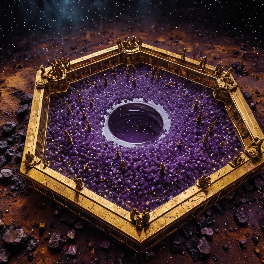 A horizontal, extreme wideangle cinematic shot of a colossal, floating ringworld drifting through a nebula of crushed, metallic stardust in hues of burnt sienna and electric purple. The ring is not solid but composed of millions of interlocking, hexagonal plates made of transparent, hardened amber resin, each containing a suspended, frozen moment of human activity in miniaturetiny figures playing chess, dancing, or sleeping, all preserved in perfect stillness. The interior of the ring is a vast, open atrium where the air is replaced by a slowmoving river of liquid gold that flows vertically, defying gravity, and spirals upward into the ceiling. In the center of this golden river, a massive, ancient clock face made of brushed steel