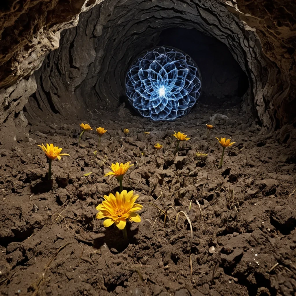 A vast, subterranean garden blooms beneath the surface of a planet made entirely of compressed, fossilized laughter, each petal formed from the solidified echo of a single, unspoken joy. The soil is a shimmering, gelatinous black that pulses with faint, golden ripples whenever a new flower unfurlsits roots extending into the planets core, where a network of crystalline veins transmits the emotional resonance of every smile ever shared across the cosmos. The flowers themselves are not organic, but geometric, their stems shaped like fractured music notes and their blossoms resembling tiny, rotating prisms that refract light into the colors of forgotten lullabies. Above, the cavern ceiling is lined with stalactites of solidified