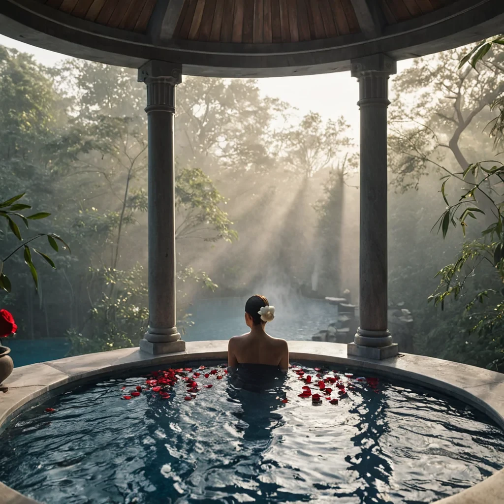 A hyperrealistic, highangle medium shot of a serene, circular bathhouse constructed from seamless, warmtoned teak wood and translucent frosted glass, set within a mistshrouded forest of towering, pale gray stone pillars. In the center, a vast, ovalshaped pool of steaming, milkywhite sulfur water is filled with floating, vibrant red rose petals and delicate white orchids. A solitary figure with smooth, porcelainlike skin sits at the edge of the pool, wearing a simple, draped wrap of deep indigo linen, their head bowed in quiet contemplation. The steam rising from the water catches the soft, diffused sunlight filtering through the canopy above, creating ethereal, godray beams that dance across the wet