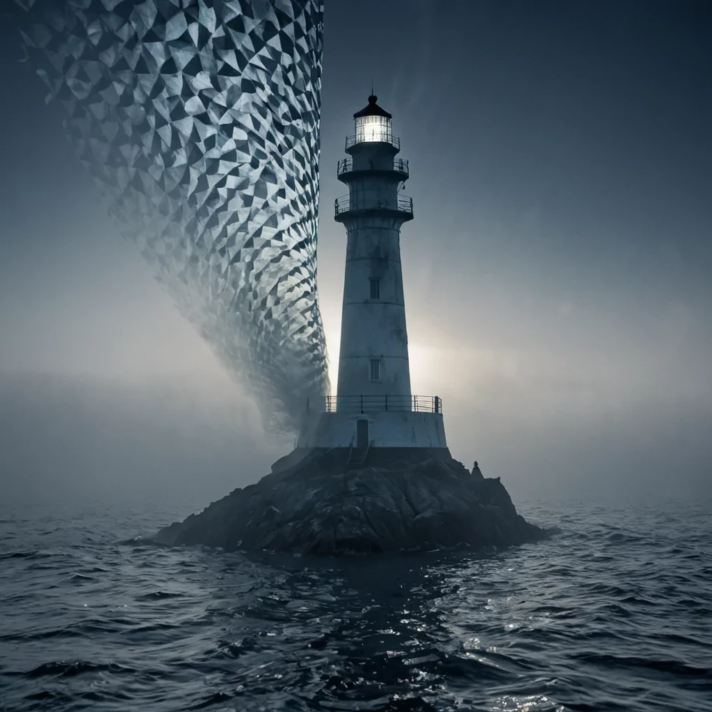A single, selffragmenting filament of crystallized silence pulses through the core of a floating, inverted lighthouse built entirely from the thermal afterimage of a thousand unlit beacons that never guided ships through the fog of a world that never sailed. The filament does not shineit unshines, each pulse dissolving a moment of navigational hope into its original disorientation, releasing a wave of negative luminescence that fractures the fabric of direction into a drifting mist of deep indigo, geometric waveforms, each one etched with the chromatic echo of a name that never shimmered across the surface of a sea that never knew a harbor. The lighthouses spiral staircase is not ascendingit unravels backward like the memory of