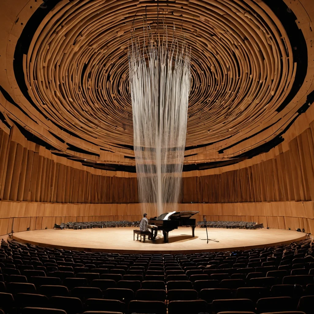 A single, selfattenuating filament of reversed resonance, shaped like a 729dimensional mesh of unformed vibration and inverted frequency, thrums at the center of a vast, inverted symphony hall of solidified silenceeach concert seat carved from the exact moment between a note being played and its refusal to propagate, a conductors baton lifting and dissolving into nonacoustic dust, a breath before a solo and collapsing into pure, unperceived stillness. The filament does not vibrateit unvibrates, each fraying thread shedding a layer of harmonic potential that never coalesced into a shared melody, reforming into ephemeral, amethystveined afterimages shaped like the negative space between two
