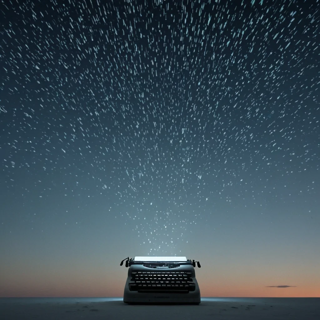 A single, selfsustaining constellation of floating, bioluminescent typewriters drifts in the center of a vast, inverted sky of solidified silence, each machine not made of metal but of compressed, forgotten syllables from languages that never existed. The typewriters do not typethey emit soft, harmonic pulses of light that ripple outward, forming transient, glowing constellations in the air that spell out questions no one has ever dared to ask. The sky is not airit is a thick, viscous expanse of unspoken narratives, each cloud shaped like the negative space between two sentences that never connected. The keys are not metalthey are crystalline fragments of dreams that dissolved before they could be remembered, each one humming