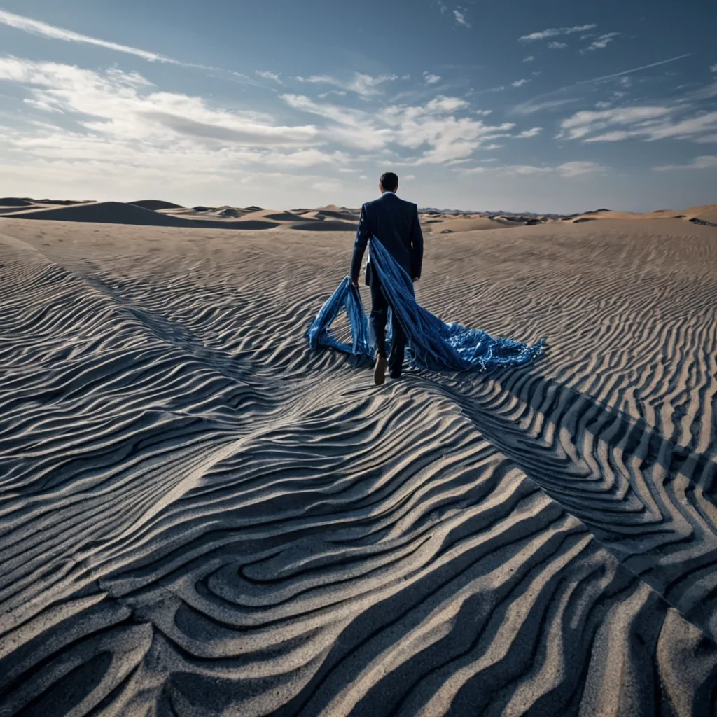 A lowangle, cinematic photograph of a vast, indoor desert landscape constructed entirely from compressed, layered sheets of recycled denim fabric. The dunes are not made of sand, but of thick, indigo and slateblue textile waves, their surfaces rippled into complex, fractal patterns by a heavy, localized gravity. Walking across this fabric terrain is a solitary figure wearing a suit made of woven, reflective silver threads that mirror the surrounding blue hues. The figure is dragging a long, thin tail of luminous, orangeglowing liquid mercury that leaves a wet, dark trail in the denim sand. Above, the sky is a ceiling of tightly packed, suspended, dry ice clouds that drift slowly, casting long, soft shadows across the textile dunes