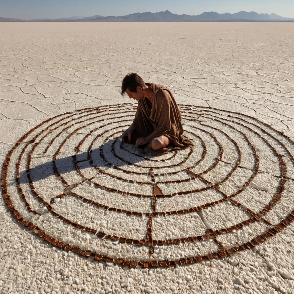 A horizontal, eyelevel wide shot of a vast, arid salt flat at high noon, where the horizon is blurred by intense heat haze and a shimmering mirage of floating, geometric crystal structures. The landscape is dominated by a massive, intricate kinetic sculpture made of interlocking, rusted iron rings that rotate slowly, casting sharp, elongated shadows on the white, cracked earth. In the foreground, a lone figure with weathered skin and wearing a loose, sandcolored linen poncho with embroidered copper threads sits crosslegged on a low, woven rug. They are carefully assembling a delicate mosaic from smooth, iridescent seaglass fragments arranged in a perfect spiral pattern on the ground before them. The lighting is harsh and direct, creating