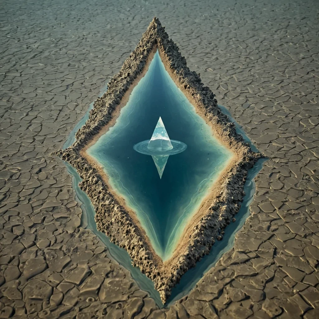 A single, selfreflecting shard of solidified silence, shaped like a jagged, fractal mirror of reversed perception, pulses at the center of a vast, inverted lagoon built from the compressed, unobserved breaths of a civilization that communicated through the duration of synchronized, silent listening. The shard does not mirrorit unsees, each fracture dissolving a layer of awareness that never coalesced into vision, reforming into ephemeral, pearlescent ripples shaped like the negative space between two ears that never caught the same whisper of mutual stillness. The lagoon is not liquidit is a layered expanse of petrified attentiveness, each wave etched with the auditory residue of a moment that was almost