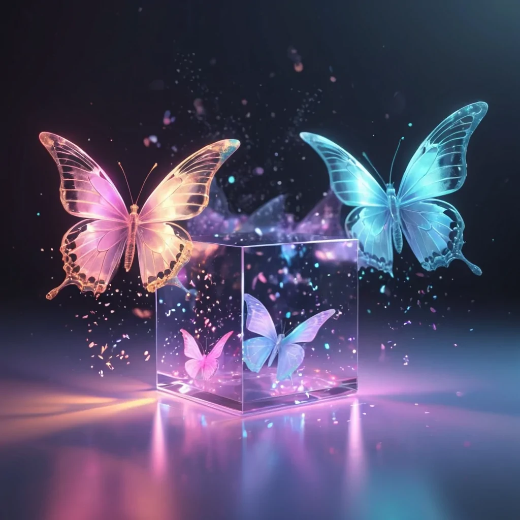 Hyperrealistic neon butterflies with reflective metallic wings fluttering in a cubic prism filled with glowing mist, holographic particles floating in volumetric lighting, dynamic shadows, soft focus, pastel tones, 4K
