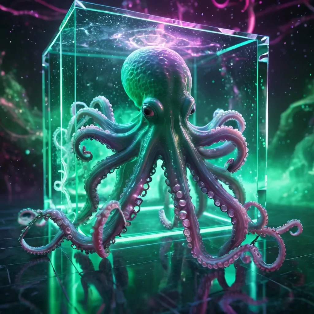 Hyperrealistic neon octopuses with reflective metallic tentacles dancing in a cubic emerald chamber filled with luminous nebula mist, holographic quanta weaving in volumetric lighting, dynamic reflections, soft focus, pastel tones, 4K