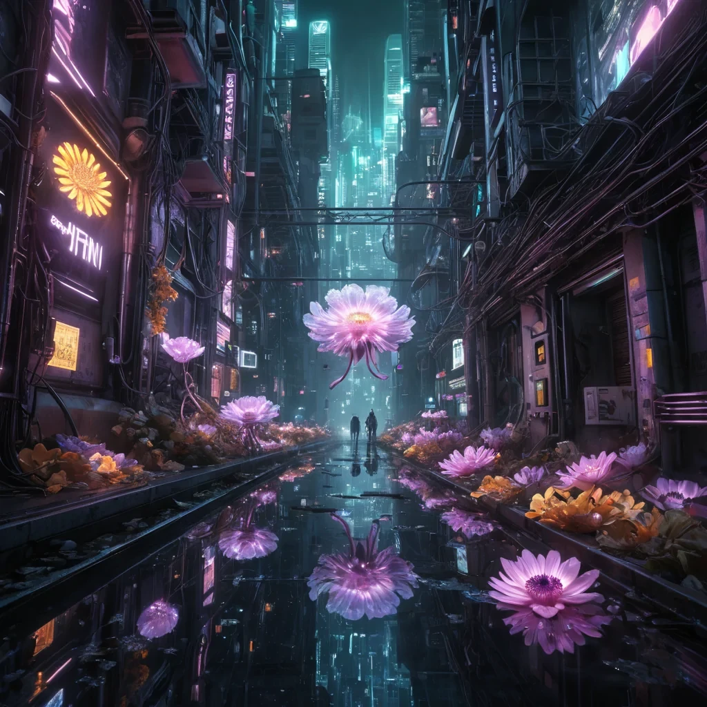 Photorealistic, colossal, nebulous, anemonelike metropolis, its hyperrealistic, 4K, translucent, pulsating petalstructures revealing ultra HD, neonlit, cyberpunk alleyways within. Volumetric lighting from unseen, pulsating, cybernetic cores etches the metropolis ethereal, fractal petals, casting intricate, dynamic, neonswathed shadows on the inverted, reflective abyss. Cinematic lighting bathes the scene in vibrant, otherworldly hues, with lens flare emphasizing the metropolis central, radiant, throbbing, nebulous heart, pulsating with captive, artificial, cybernetic energy.