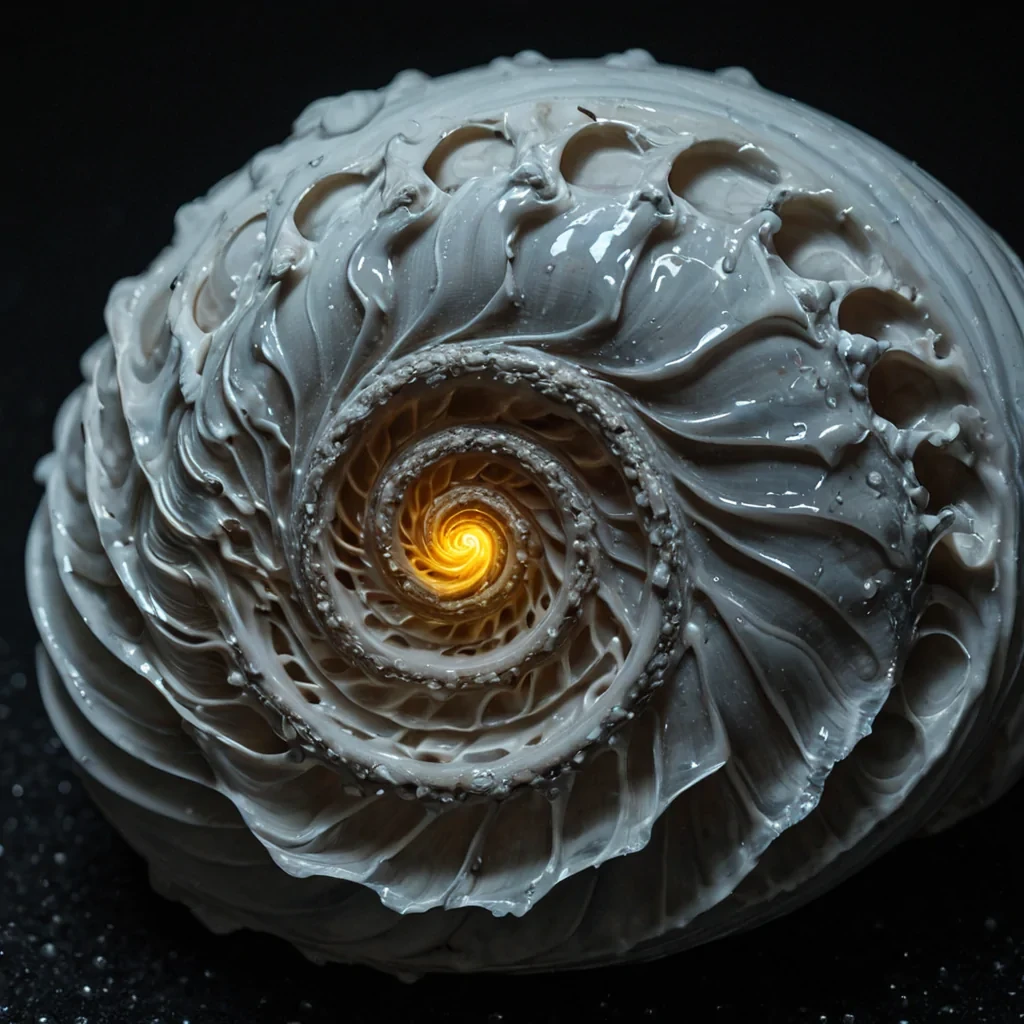 A dynamic, lowkey macro photograph of a single, massive, spiraling shell made of solidified, opaque white porcelain that has been shattered and reassembled using a complex, interlocking system of neonpink and electricblue magnetic field lines. The shell floats in a dark, humid atmosphere filled with suspended, microscopic droplets of condensation that catch the light like stars. The interior of the shell is hollow, revealing a intricate, glowing lattice of fiberoptic cables that pulse with a rhythmic, warm yellow light, mimicking the neural activity of a sleeping brain. The background is a deep, velvety black, with a subtle, soft focus on the distant, blurred shapes of other similar porcelain structures, creating a sense of depth
