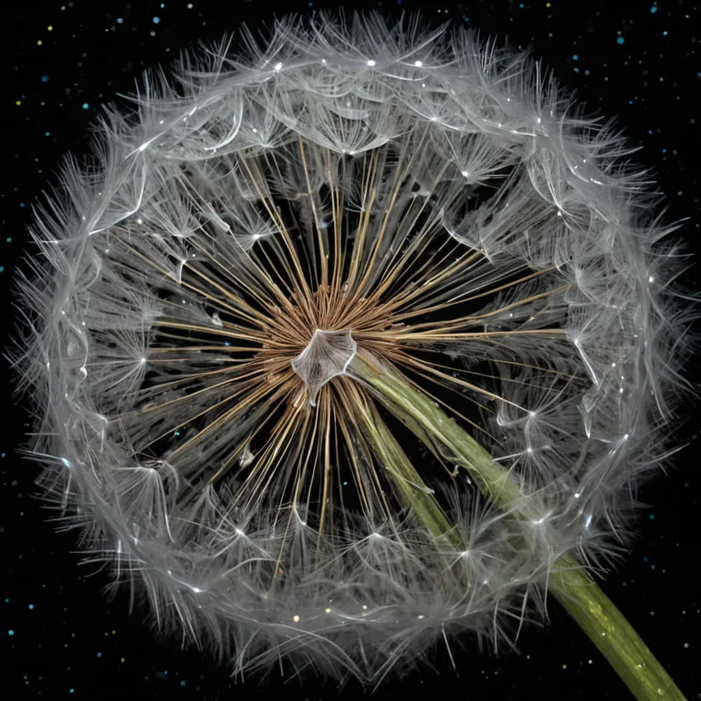 A single, selfilluminating dandelion made of solidified starlight and woven quantum foam blooms in the center of a vast, still void composed entirely of compressed, fossilized dreams, its seeds not floating but spiraling inward like the memory of a breath exhaled into the infinite. The dandelion does not growit unfolds, each petal revealing not color, but a new, impossible dimension of meaning that refracts not light, but the emotional residue of a thought that never formed. The seeds are not dustthey are microsingularities, each one a tiny, spinning universe containing the echo of a single, unspoken wish. The void beneath is not emptyit is a thick, viscous layer of