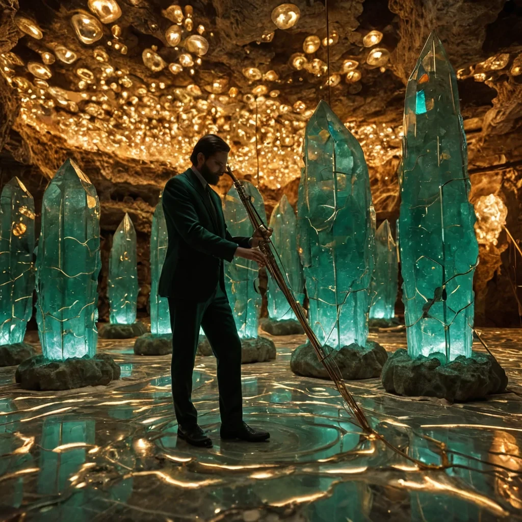 A hyperrealistic, eyelevel medium shot of a vast, subterranean workshop carved from the interior of a colossal, hollowedout geode lined with jagged, translucent quartz crystals. The scene is illuminated by the soft, amber glow of hundreds of suspended, glowing emberspheres that float weightlessly like trapped stars. In the center, a solitary artisan wearing a suit of polished, mattewhite ceramic armor with intricate gold inlays is carefully assembling a delicate, floating instrument made of spun glass and solidified sound waves, which ripple visually in the air around them. The floor is covered in thick, velvetlike moss of deep emerald green, contrasting with the sharp, crystalline walls. Surrounding the artisan are shelves crafted from woven metallic