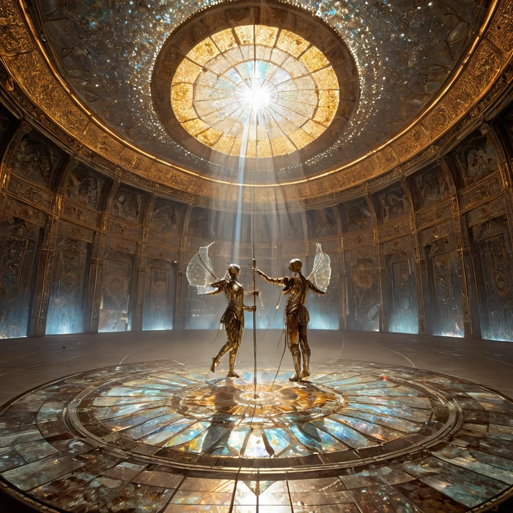 A hyperdetailed, eyelevel perspective of a silent, indoor gladiatorial arena constructed entirely from polished, translucent sheets of amber and frosted glass, where the floor is a intricate mosaic of geometric patterns inlaid with glowing gold leaf. In the center, two elegant, humanoid figures clad in flowing, structural garments made of stiff, iridescent motherofpearl and thin silver filigree engage in a slow, dancelike combat using weighted, crystalline staffs that emit soft, prismatic halos. The lighting is warm and directional, filtering through the translucent walls to cast long, sharp, kaleidoscopic shadows that fracture and multiply across the smooth floor. The air is still, filled with suspended, microscopic dust mot