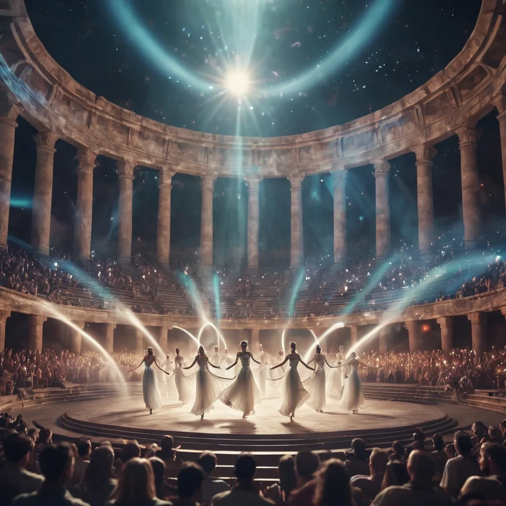 A grand, ancient amphitheater filled with holographic performers, their luminous forms dancing in midair, hyperrealistic, 8K, cinematic lighting, volumetric lighting, atmospheric effects, dynamic lighting, bokeh effect, soft focus, lens flare, ethereal tones, detailed textures.