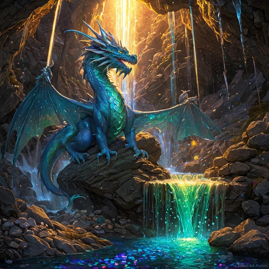 In the heart of a shimmering, emeraldvalleyed expanse, a vibrant, azuretinted waterfall cascades gracefully over stratified layers of crystalline rock, its droplets refracting sunlight into prismatic rainbows. A mystical azure dragon, adorned with opalescent scales that shimmer like shifting liquid skies, hovers gently above the waterfall, its wings unleashing delicate embers that weave through the air like luminous serpentine trails. The dragons gaze is fixed on a golden lantern floating nearby, its light casting an ethereal glow that seeps into the cascading streams. Below, a cascading cascade of colorful pebbles, each etched with symbolic runes, gently tumble into the pools, producing tiny r