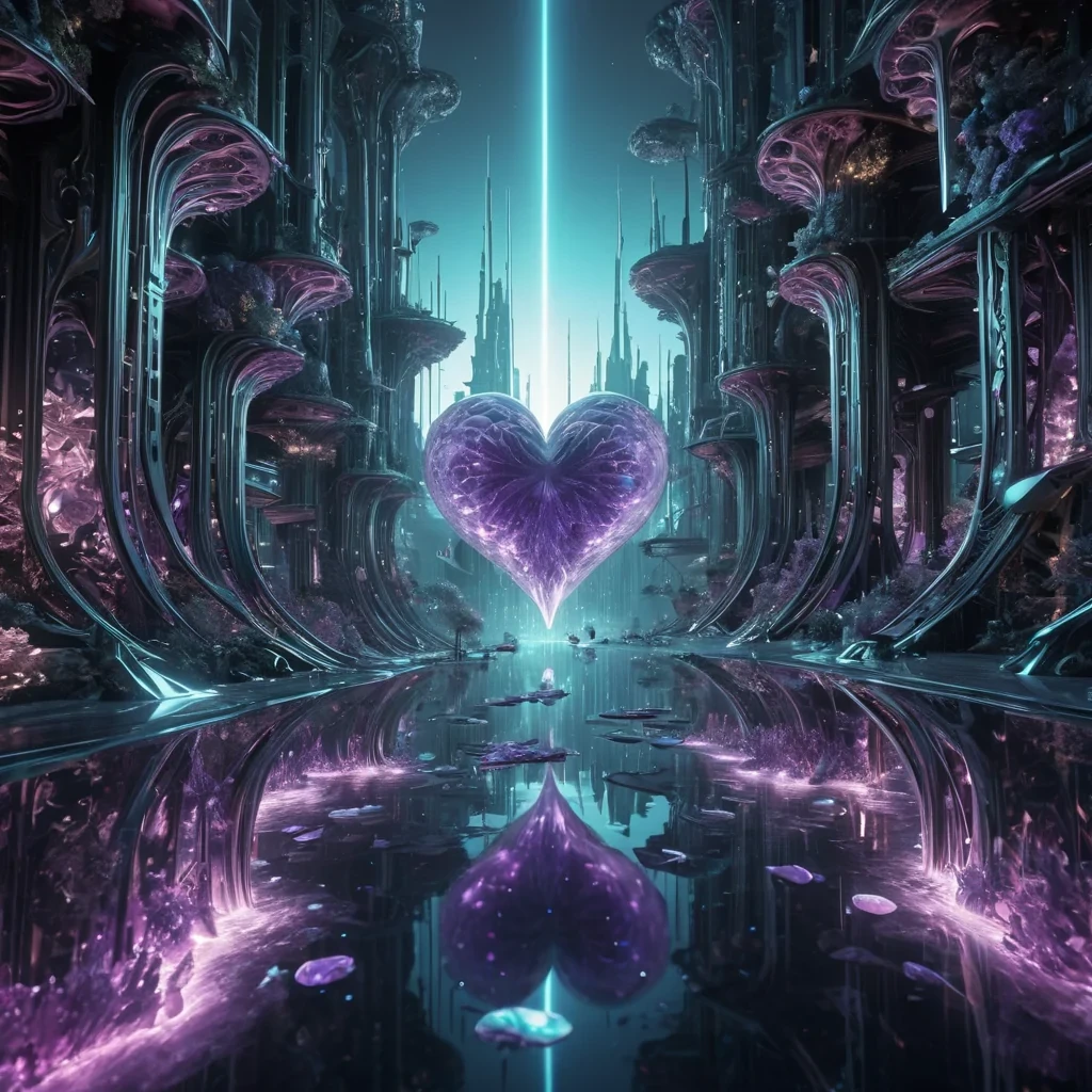 Photorealistic, monolithic, crystalline, inverted, aquatic metropolis, its hyperrealistic, 4K, fractal, waterkissed structures unfurling ultra HD, suspended in zero gravity, with fluidic ecosystems. Volumetric lighting from unseen, pulsating, bioluminescent hearts etches the citys ethereal, geometric architecture, casting intricate, dynamic, neon shadows on the inverted, reflective void. Cinematic lighting bathes the scene in vibrant, aquatic hues, with lens flare emphasizing the citys central, radiant, throbbing, amethyst heart, pulsating with captive, alien, geothermal energy.