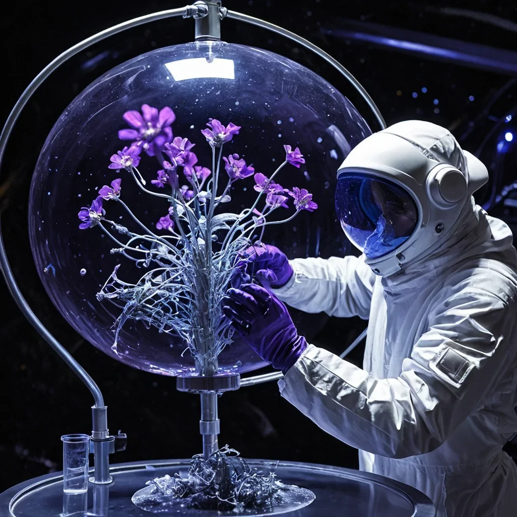 A hyperrealistic, extreme closeup of a solitary, elderly botanist tending to a delicate, translucent flower made entirely of spun glass and liquid mercury inside a pressurized, spherical laboratory module. The module is suspended in the void of deep space, its curved walls revealing a backdrop of swirling, vibrant nebulae in shades of electric violet and deep indigo. The botanist wears a bulky, white hazmat suit with a clear, bubblelike helmet, their hands encased in delicate, articulated robotic gloves that emit a soft, pulsing blue light as they carefully adjust the petals. The interior of the module is illuminated by the cool, sterile glow of overhead LED strips, contrasting with the warm, organic warmth of the glass