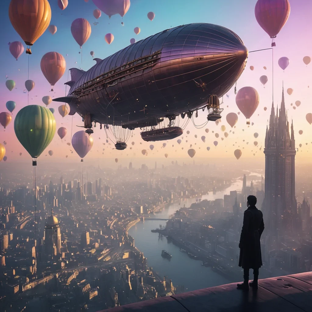 Suspended Sanctuary A colossal, ancient airship, its hull adorned with intricate, hyperrealistic, 4K filigree, hovers silently over a vast, Ultra HD, neonlit metropolis. The airships massive, volumetric balloons, crafted from a vibrant, pastel spectrum of luminescent gas, cast dynamic, cinematic shadows across the urban landscape. A lone, silhouetted figure stands at the airships prow, gazing down at the cityscape, as the Bokeh effect from the balloons soft, atmospheric glow dances with the metropolis lens flare, creating a surreal, ethereal focus.