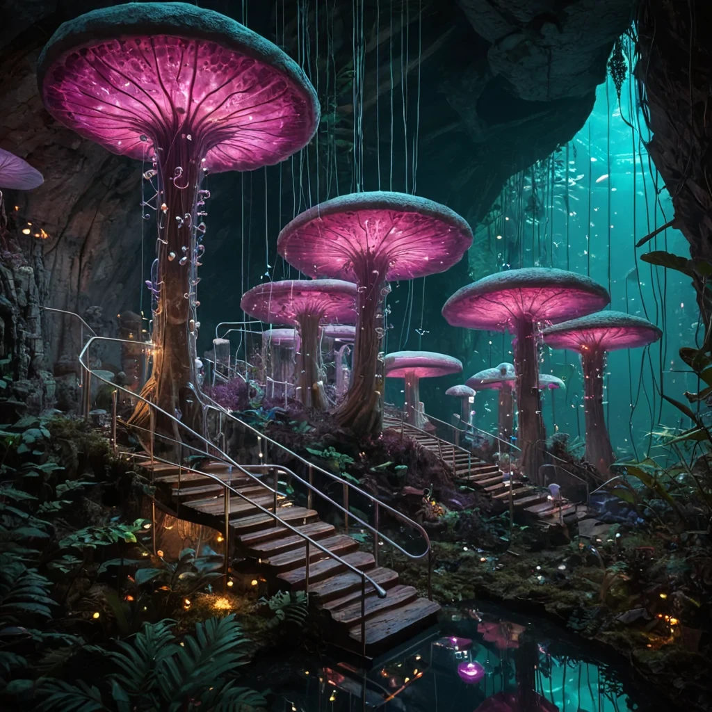 A hyperrealistic, isometric crosssection of a subterranean fungal city carved into the hollowedout interior of a colossal, petrified mushroom cap. The architecture consists of tiered, terraced platforms constructed from smooth, pale limestone and woven mycelial nets, glowing with a soft, warm amber bioluminescence that mimics the rhythm of breathing. Suspended between the levels are transparent, bubblelike transport pods filled with breathable air and lush, tropical ferns, connected by slender, glowing fiberoptic cables that pulse with data streams in shades of teal and magenta. In the foreground, a small, intricate garden of crystalline flowers made of faceted quartz grows from the soil, their petals reflecting the ambient light with pr