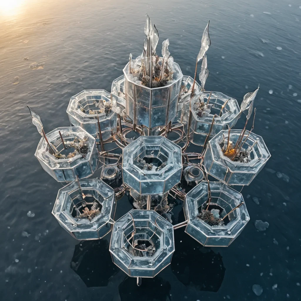 A horizontal, highangle aerial view of a sprawling, geometric urban grid constructed entirely from floating, semitransparent hexagonal platforms of frosted ice and brushed aluminum, suspended over a deep, turbulent sea of liquid nitrogen in shades of pale blue and white vapor. Each platform hosts a distinct, miniature ecosystem or architectural element some feature towering, spiral towers of woven copper wire that hum with warm, amber light others contain dense clusters of crystalline flora with translucent, prismlike leaves that refract the cold ambient light into rainbows. In the center, a massive, circular structure made of polished obsidian acts as a magnetic anchor, holding the grid together while emitting vertical beams of coherent white light that pierce the thick, swirling mist below. A solitary