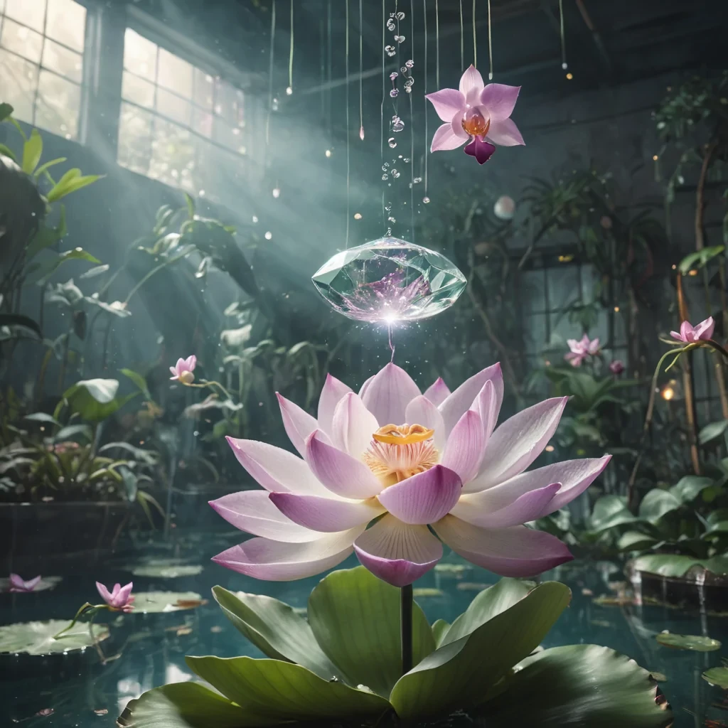 A levitating, crystalline lotus blooming in a gravitydefying garden, surrounded by floating, luminescent orchids, hyperrealistic, Ultra HD, cinematic lighting, volumetric lighting, atmospheric effects, soft focus, pastel tones, detailed textures.