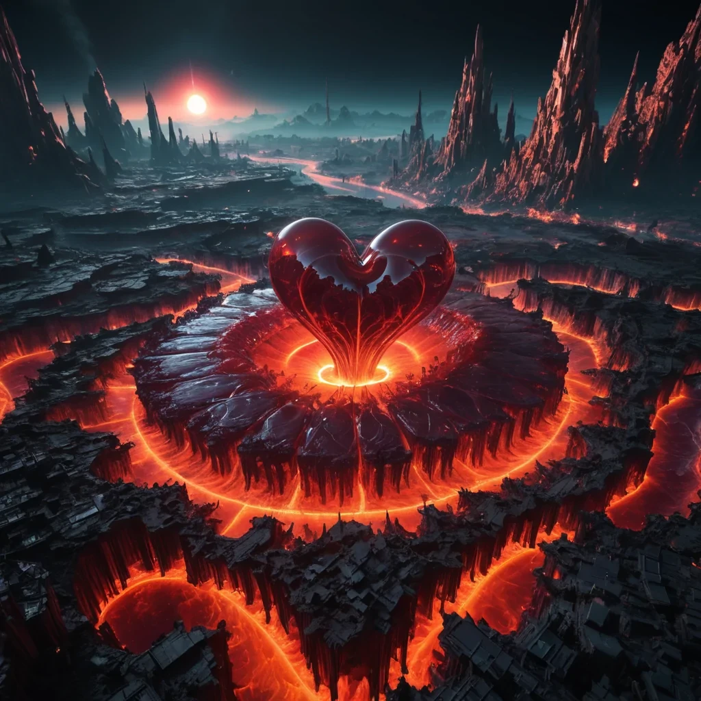 Photorealistic, monumental, gelatinous, crimson metropolis, its hyperrealistic, 4K, fractal, translucent structures unfurling ultra HD, zero gravity, geothermal ecosystems. Volumetric lighting from unseen, pulsating, magma hearts etches the citys ethereal, organic architecture, casting intricate, dynamic, fiery shadows on the inverted, reflective void. Cinematic lighting bathes the scene in vibrant, infernal hues, with lens flare emphasizing the citys central, radiant, throbbing, obsidian heart, pulsating with captive, alien, geothermal energy.