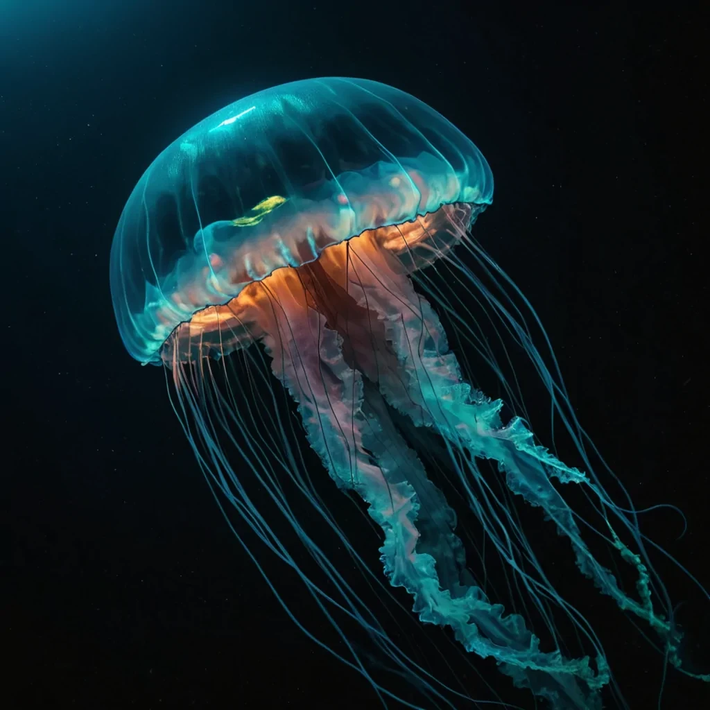 An ultradetailed, 4K portrait of a sentient, bioluminescent jellyfish floating in the abyss of a vast, alien ocean, with cinematic lighting casting dramatic shadows on its translucent, pulsating form, and vibrant, otherworldly colors illuminating the inky blackness.