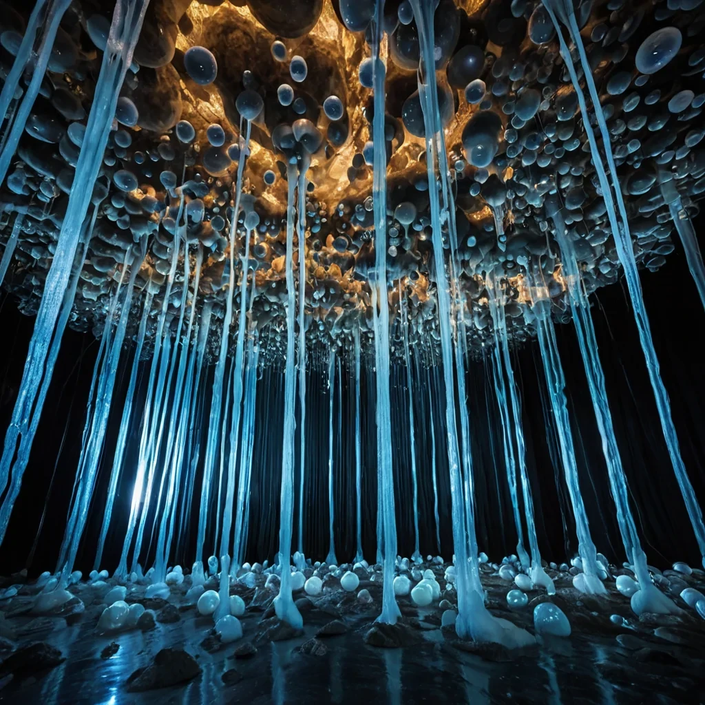 A horizontal, extreme lowangle shot of a vast, subterranean cavern where the floor is a seamless, undulating sheet of liquid indigo mercury that reflects the towering stalactites above. The stalactites are not rock but massive, suspended curtains of dried, translucent spider silk in varying shades of pearl white and pale champagne, hanging in rigid, geometric formations that mimic the architecture of a brutalist concert hall. Interspersed among the silk curtains are hundreds of large, spherical bubbles of trapped air, each containing a miniature, glowing ecosystem of microscopic neonblue jellyfish that pulse with a soft, rhythmic bioluminescence. The lighting is dramatic and highcontrast, sourced from a single, intense beam of warm, golden amber