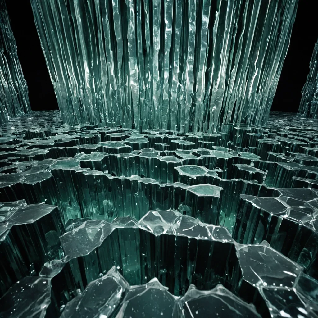 A sweeping, cinematic wide shot of a vast, subterranean cavern where the floor is composed of a seamless, undulating ocean of liquid silver that flows with heavy, viscous slow motion. Scattered across this metallic tide are monolithic structures made of raw, unpolished obsidian, shaped like abstract, jagged piano keys standing vertically in precise, rhythmic rows. Hovering just above the silver surface are hundreds of flat, hexagonal slabs of translucent, pale green ice, each containing a single, perfectly still, frozen drop of red ink suspended in the center. The lighting is dramatic and highcontrast, originating from a single, bright, cool white source high above, casting long, sharp, geometric shadows from the obsidian