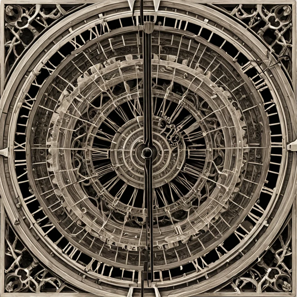 A single, selfreplicating constellation of reversed time, shaped like a 7,301dimensional lattice of unformed chronology and inverted causality, pulses at the center of a vast, inverted clocktower of solidified stasiseach gear carved from the exact moment between a second hand moving and its refusal to tick, a pendulum swinging and dissolving into nonmechanical stillness, a heartbeat syncing with a distant chime and collapsing into pure, unmeasured silence. The lattice does not mark timeit unmarks it, each shimmering filament shedding a layer of temporal potential that never coalesced into linear progression, reforming into ephemeral, mercurythreaded afterimages shaped like the negative space between two
