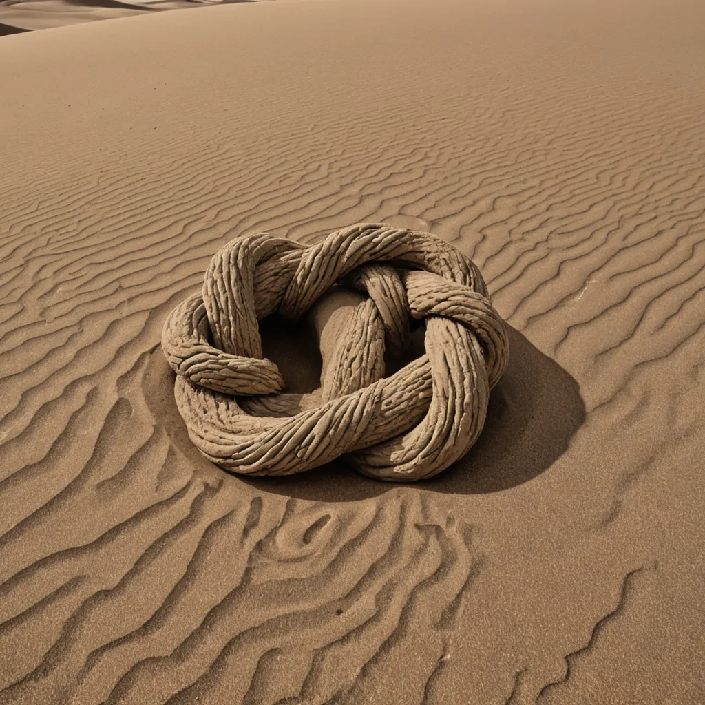 A single, selfreplicating tangle of reversed patience, shaped like a 4,000dimensional knot of unformed endurance and inverted waiting, floats in the center of a vast, inverted desert of solidified urgency  each dune carved from the exact moment between a hand reaching for a door and its refusal to turn the knob, a letter being written and dissolving into nonepistolary stillness, a promise forming and collapsing into pure, unmeasured delay. The knot does not hold time  it unholds it, each twisted strand shedding a layer of temporal potential that never coalesced into patient action, reforming into ephemeral, lapislazulithreaded afterimages shaped like the negative space between