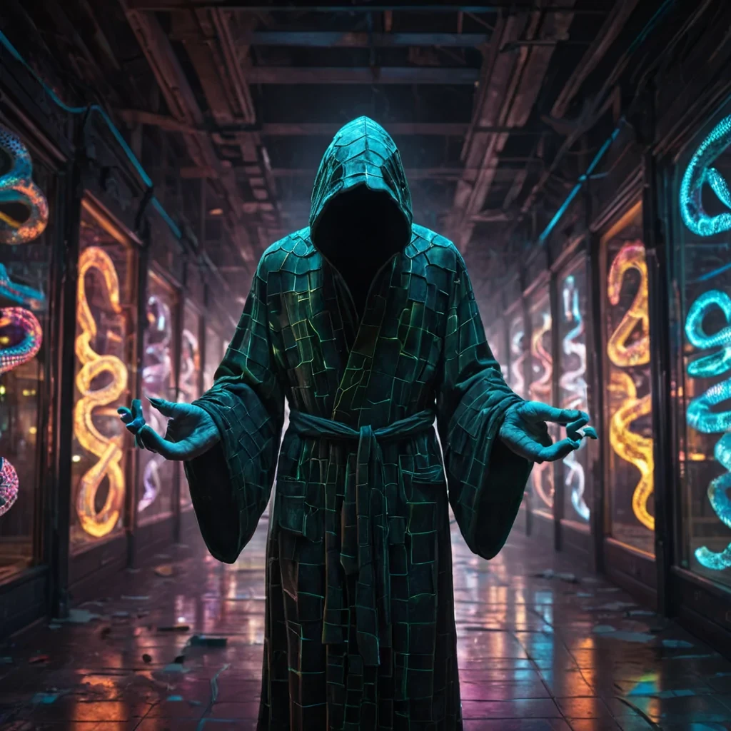 Photorealistic, Ultra HD portrait of a sentient, levitating, neonlit holographic Rubiks snake, its ethereal form pulsating with intricate, bioluminescent fractal patterns, suspended in the heart of a vast, abandoned, neonlit arcade, with volumetric lighting casting dramatic shadows and emphasizing the snakes dynamic, fluid movements, and a subtle, cool bokeh effect creating a sense of isolation and melancholy, as a spectral, ethereal figure, cloaked in a tattered, hooded robe, stands silently at the edge of the frame, their face obscured by shadows, adding an enigmatic, haunting touch to the otherwise abstract scene.