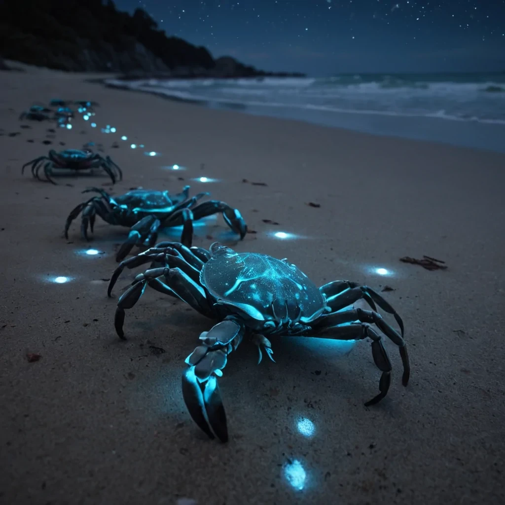 A serene, moonlit beach filled with bioluminescent crabs that leave glowing trails as they scurry across the sand, hyperrealistic, ultra HD, cinematic lighting, volumetric lighting, atmospheric effects, dynamic lighting, bokeh effect, soft focus, lens flare, vibrant colors, detailed textures.