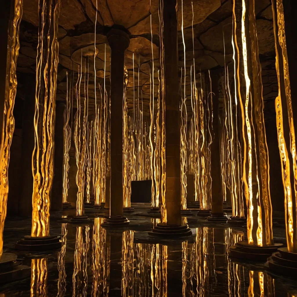 A horizontal, eyelevel wide shot of a subterranean cathedral constructed entirely from massive, vertically stacked layers of compressed, translucent amber sediment, where each stratum reveals fossilized imprints of ancient, geometric cities that glow with a soft, internal golden light. Suspended from the vaulted ceiling by slender, gilded chains are thousands of delicate, porcelain teacups, each emitting a thin, vertical column of aromatic, scented steam that coalesces into semitransparent, swirling shapes resembling calligraphy. The floor is a polished surface of black mirror stone that reflects the intricate, glowing layers above, creating an infinite vertical depth. In the foreground, a figure wearing a highnecked, structured gown made of woven iridescent silk and embedded
