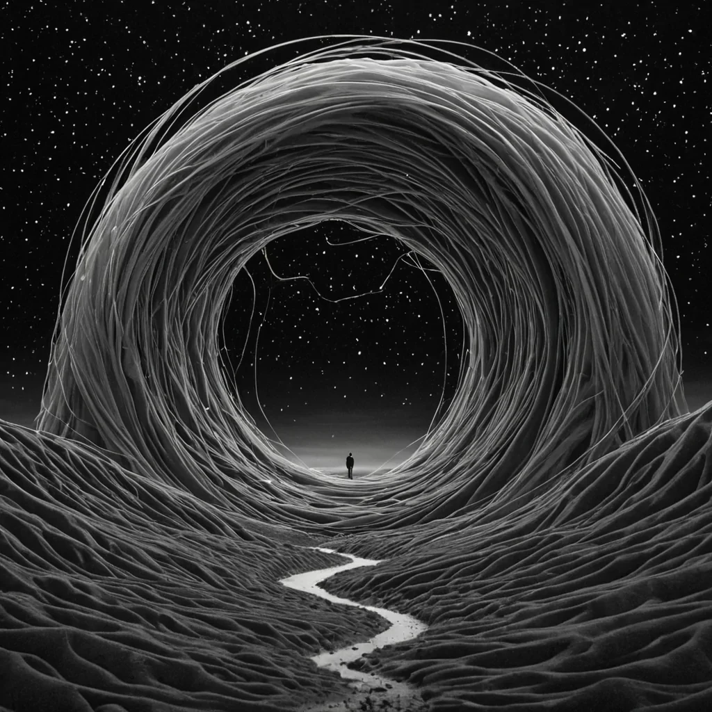 A single, selfrewinding filament of reversed dreams, shaped like a 421dimensional helix of unformed sleep and inverted subconscious, pulses at the center of a vast, inverted dreamscape of solidified wakefulnesseach landscape carved from the exact moment between a thought forming and its refusal to be imagined, a memory surfacing and dissolving into nonsentient stillness, a vision unfolding and collapsing into pure, unobserved clarity. The filament does not dreamit undreams, each trembling strand shedding a layer of psychic potential that never coalesced into a shared night, reforming into ephemeral, indigothreaded afterimages shaped like the negative space between two eyes that never closed in surrender to the dark