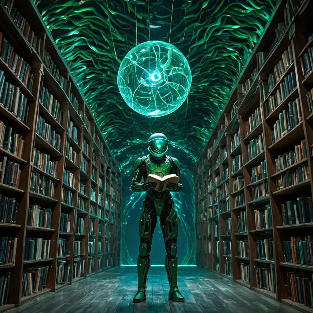 A photorealistic, eyelevel medium shot of a vast, suspended library constructed from interlocking layers of translucent, layered kelp and bioluminescent algae, floating within a deep, azure underwater cavern. The shelves are not solid wood but woven strands of glowing fiberoptic cable that pulse with rhythmic, soft white light, creating a mesmerizing, neuralnetworklike structure. In the center, a solitary figure wearing a sleek, mattegreen exosuit with a clear, spherical helmet drifts weightlessly, holding a delicate, open book made of thin, flexible solar panels that display shifting, holographic text. Surrounding the figure are dozens of small, curious fish with scales that reflect the ambient light like prisms, swimming through the