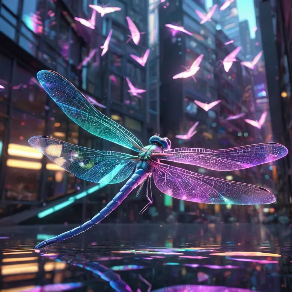 Hyperrealistic neon dragonfly with iridescent wings, gracefully floating through a floating, geometric prism of reflective, swirling pastel triangles, dynamic lighting with volumetric beams, soft focus on its delicate, luminescent body, vibrant colors, 4K resolution, lens flare shimmering around its ethereal form in a surreal, futuristic urban sanctuary.